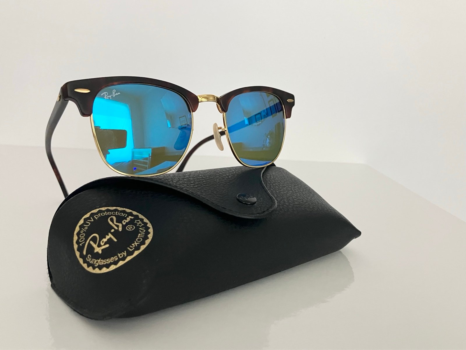 Rayban Clubmaster, Matte Havana on Gold, Blue Mirrored Flash Lense, RB3016