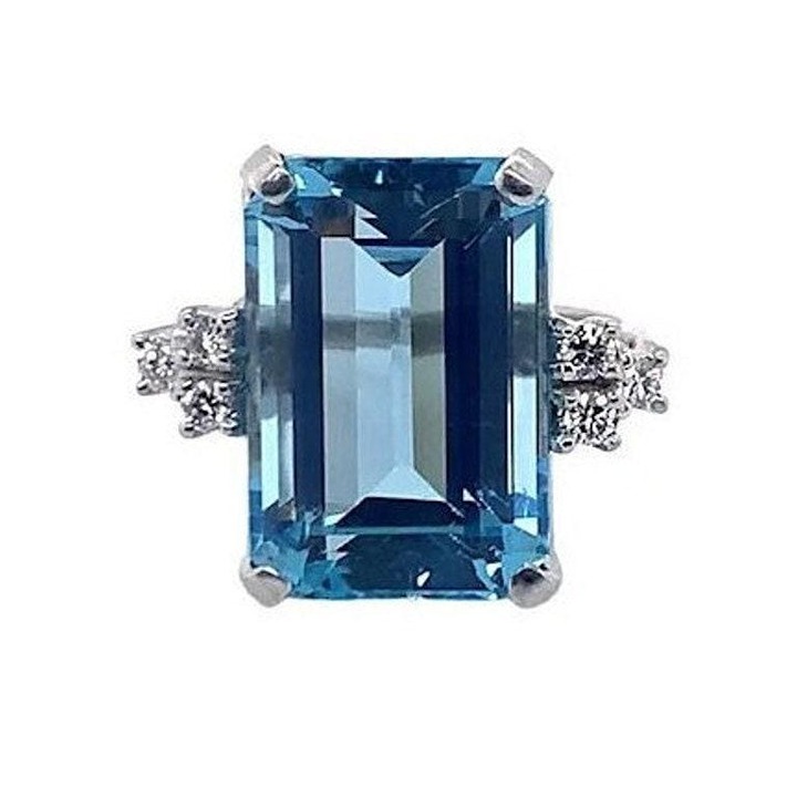 3.30Ct Natural Emerald Cut Sky Blue Topaz & Diamond Solitaire Ring