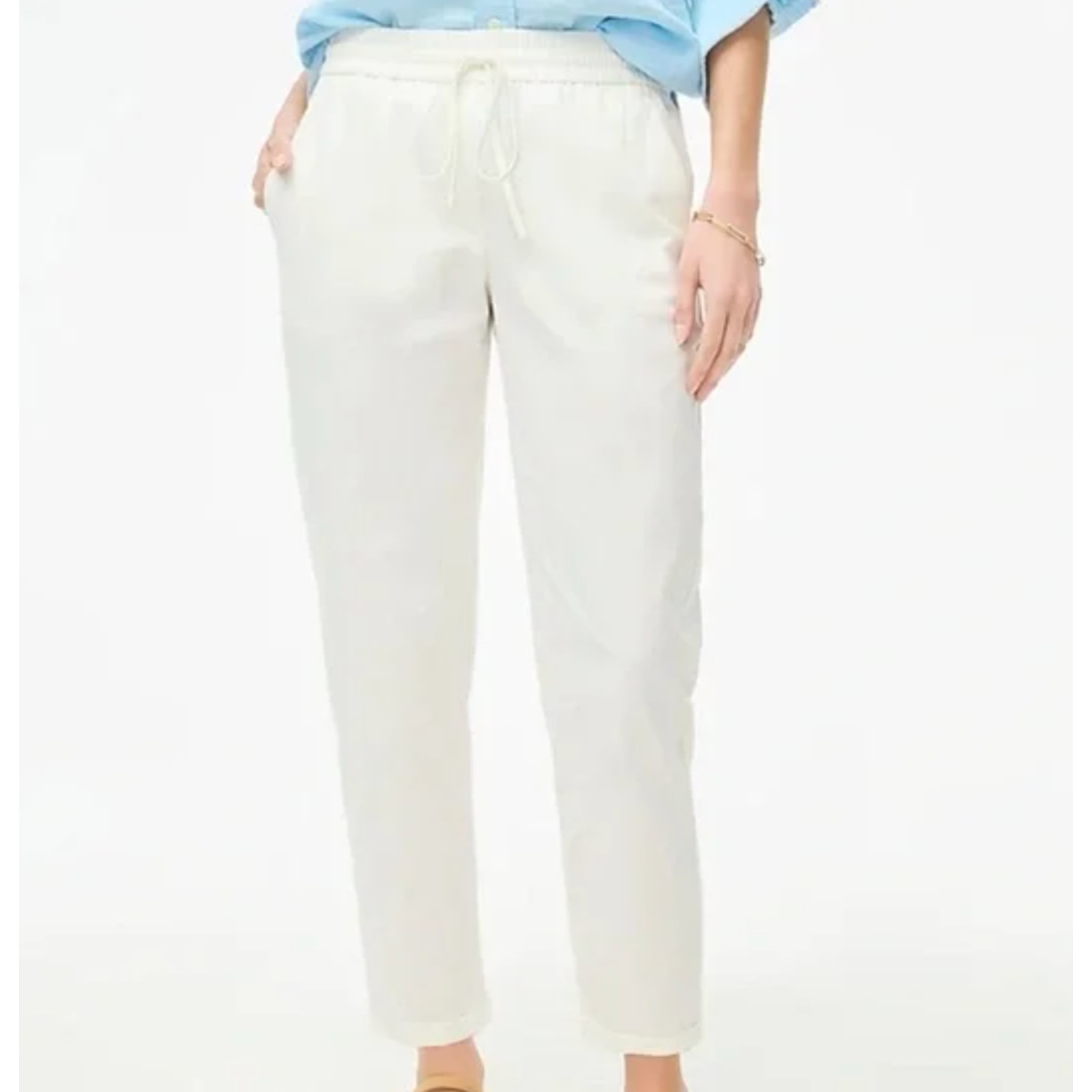 J.Crew Linen Cotton Drawstring Pants Pull On Comfy Pockets Ankle White US 8 NWT