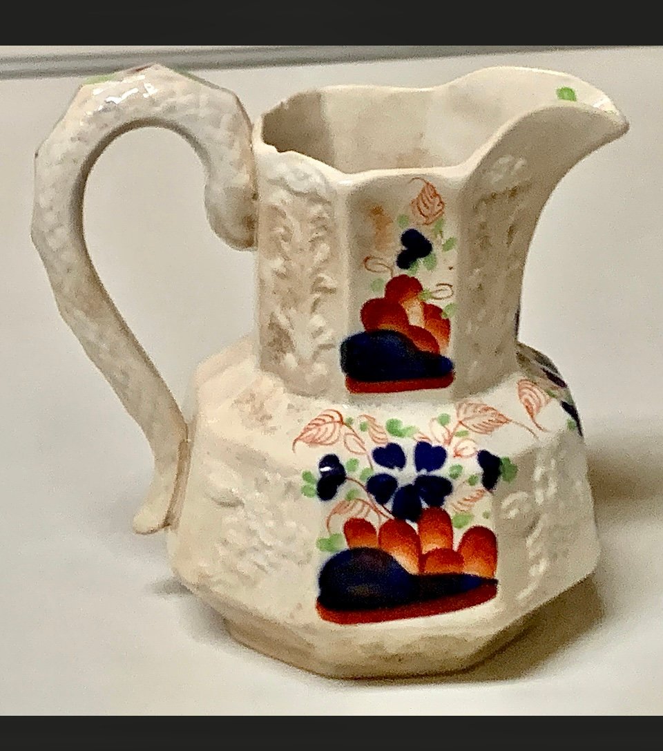 Early 19th Century Gaudy Welsh Forget Me Not Snake Handle Mason Jug