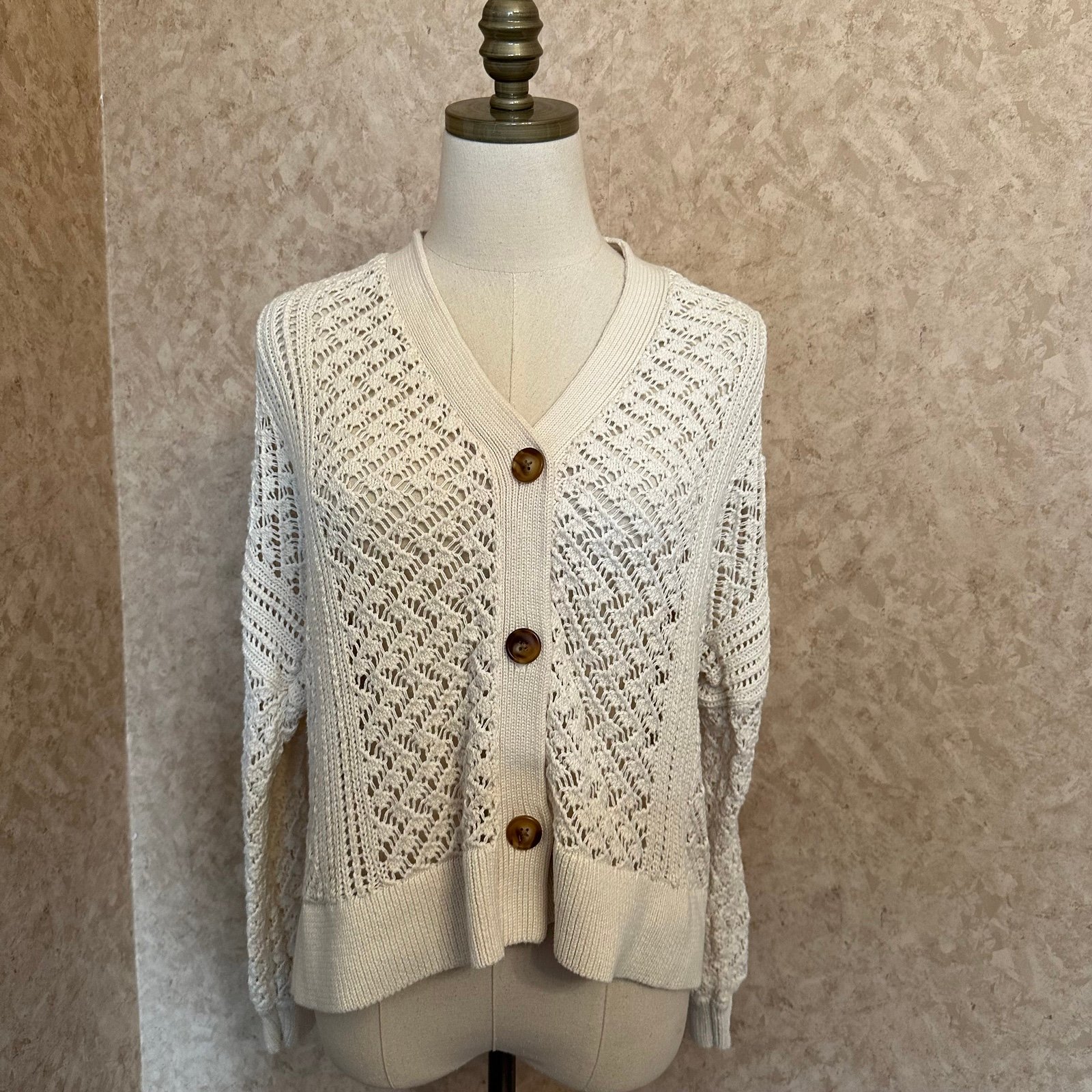 Reiss Laila Pointelle Cream Ivory Linen Blend Cardigan Sweater Good condition