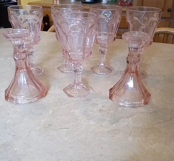5 Pink Goblet Glasses With Matching Candlesticks