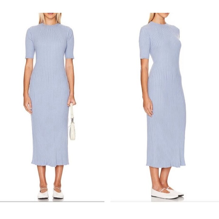 NEW Varley Maeve Rib Knit Midi Dress Women size Medium Ashley Blue Short sleeve