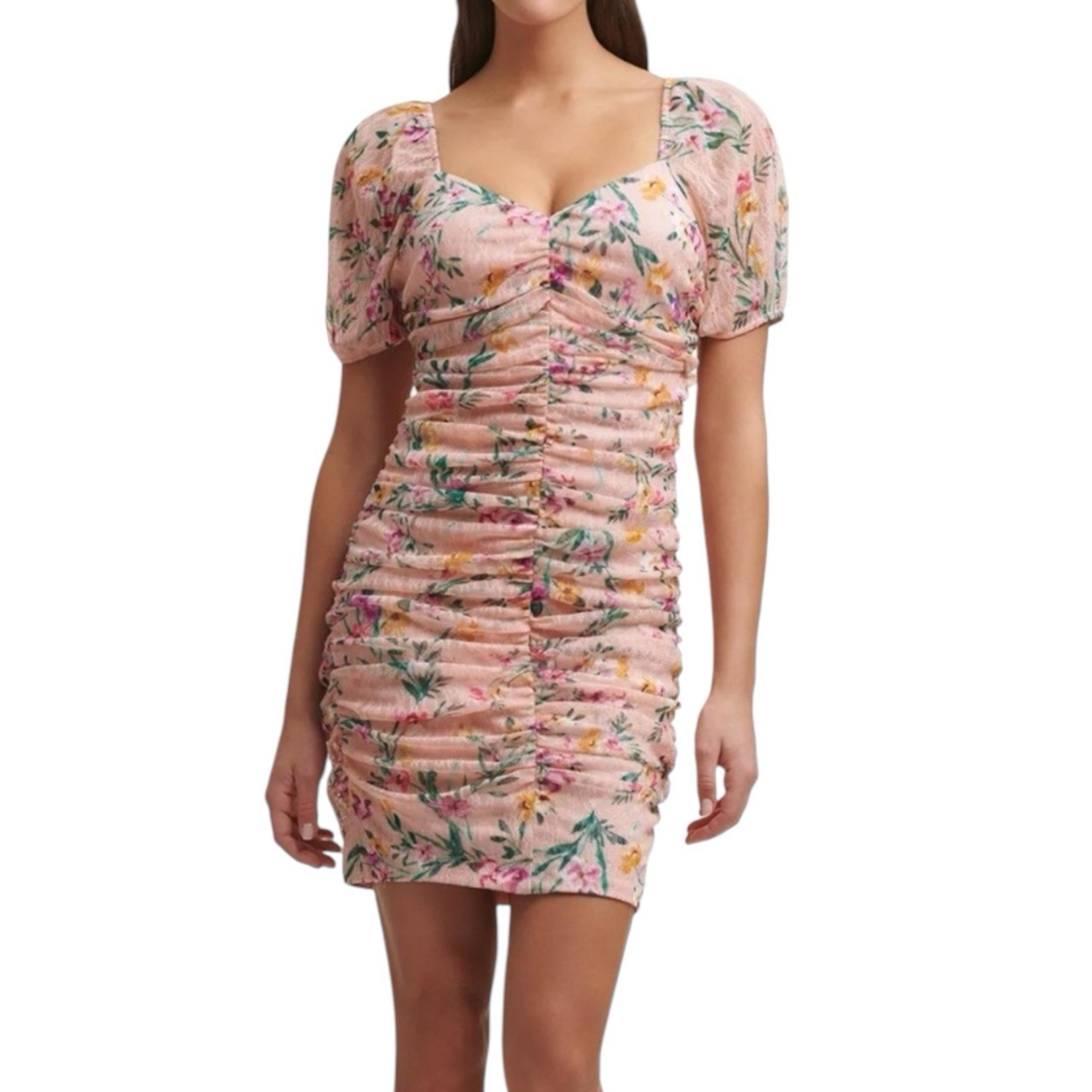 Guess Pink Floral Sweetheart Neckline Ruched Bodycon Puff Sleeve Mini Dress Sz 2