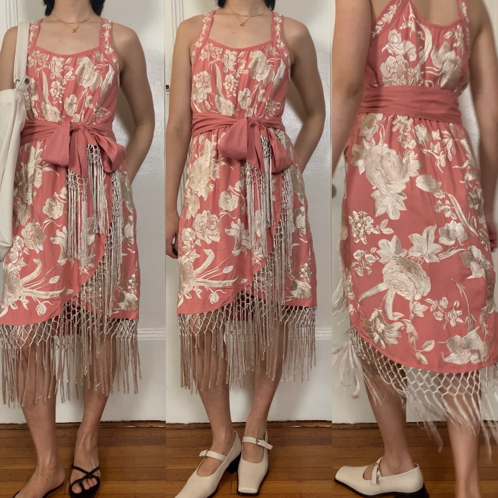 Anthropologie floral embroidery tassel hem faux wrap midi dress