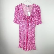 Lilita Azalea Pink Short Ruffle Sleeved Floral-Print Silk Mini Dress Sz Small
