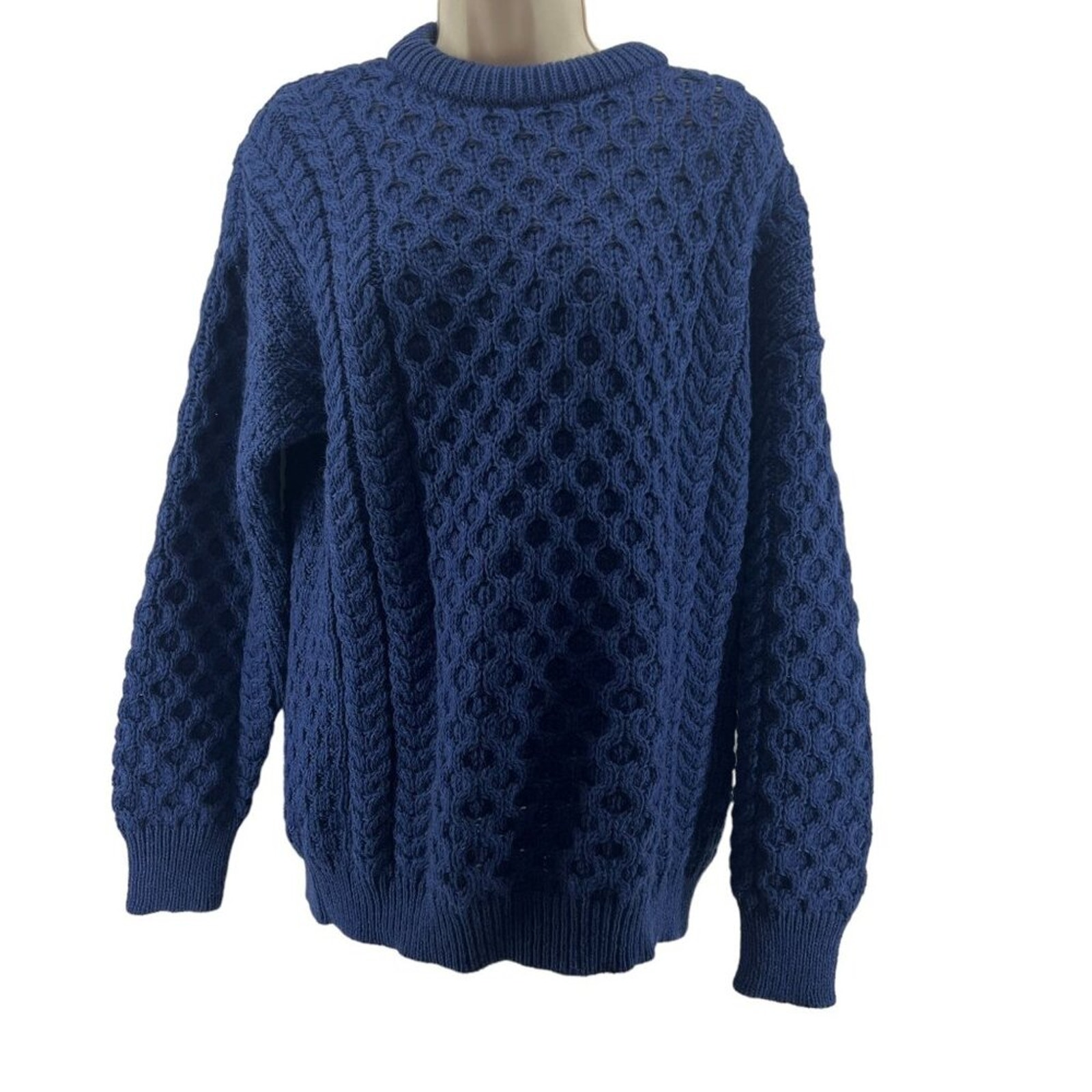 Aran Crafts Merino Wool Crew Neck Sweater Unisex Medium Blue