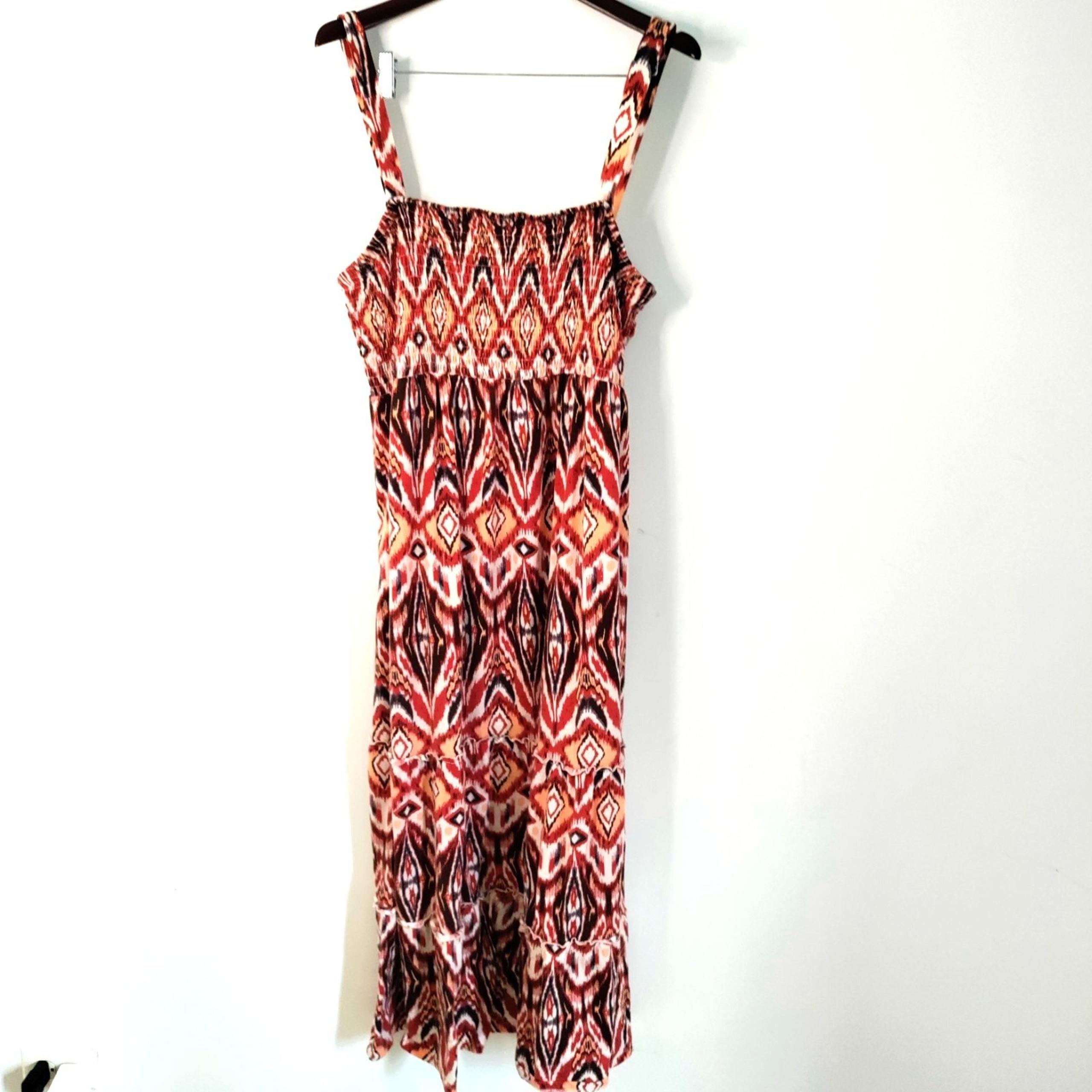 Style & Co Women 2X Maxi Halter Dress Brown Aztec Tiered Boho Beach Cottagecore