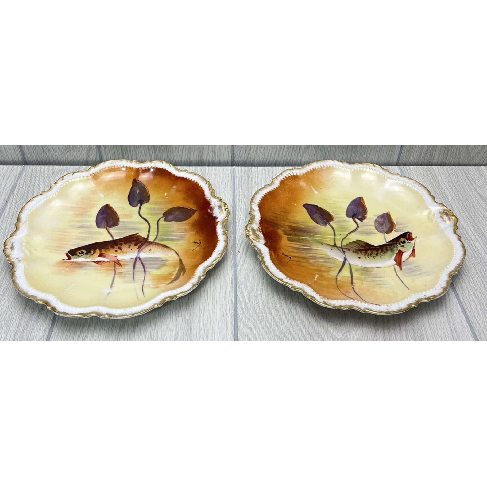 Hand Painted Limoges Comte D'artois France Fish Plates Gold Trimmed Signed READ