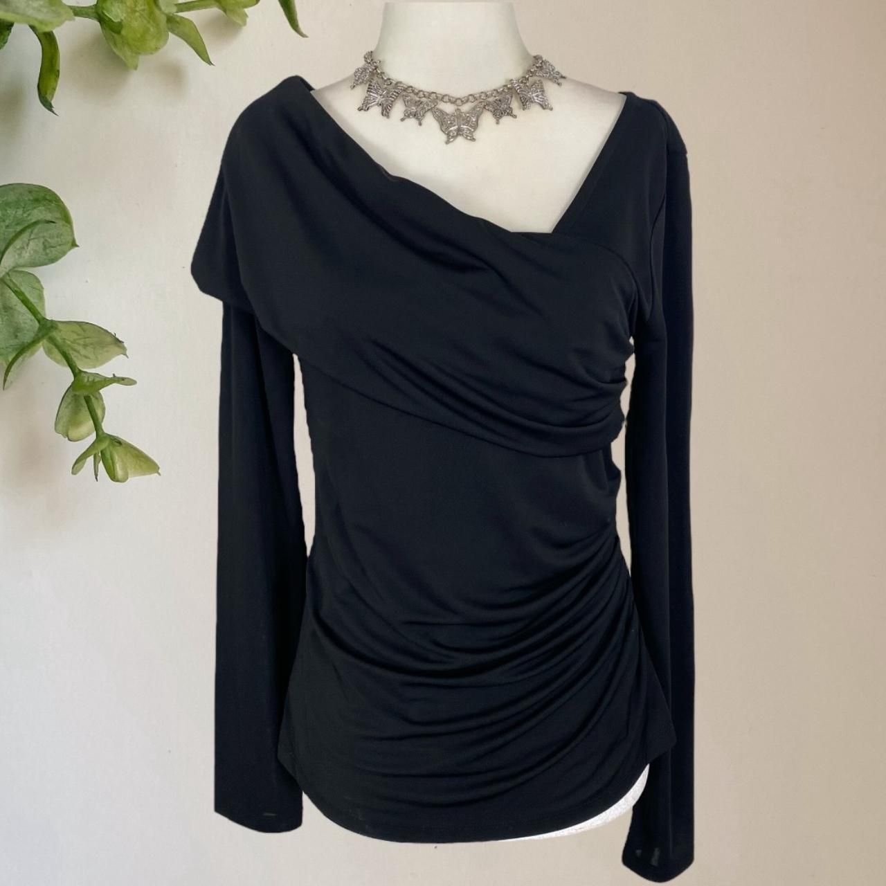 Inc Y2K Whimsygoth Black Long Sleeve Asymmetric Cinched Wrap Blouse S
