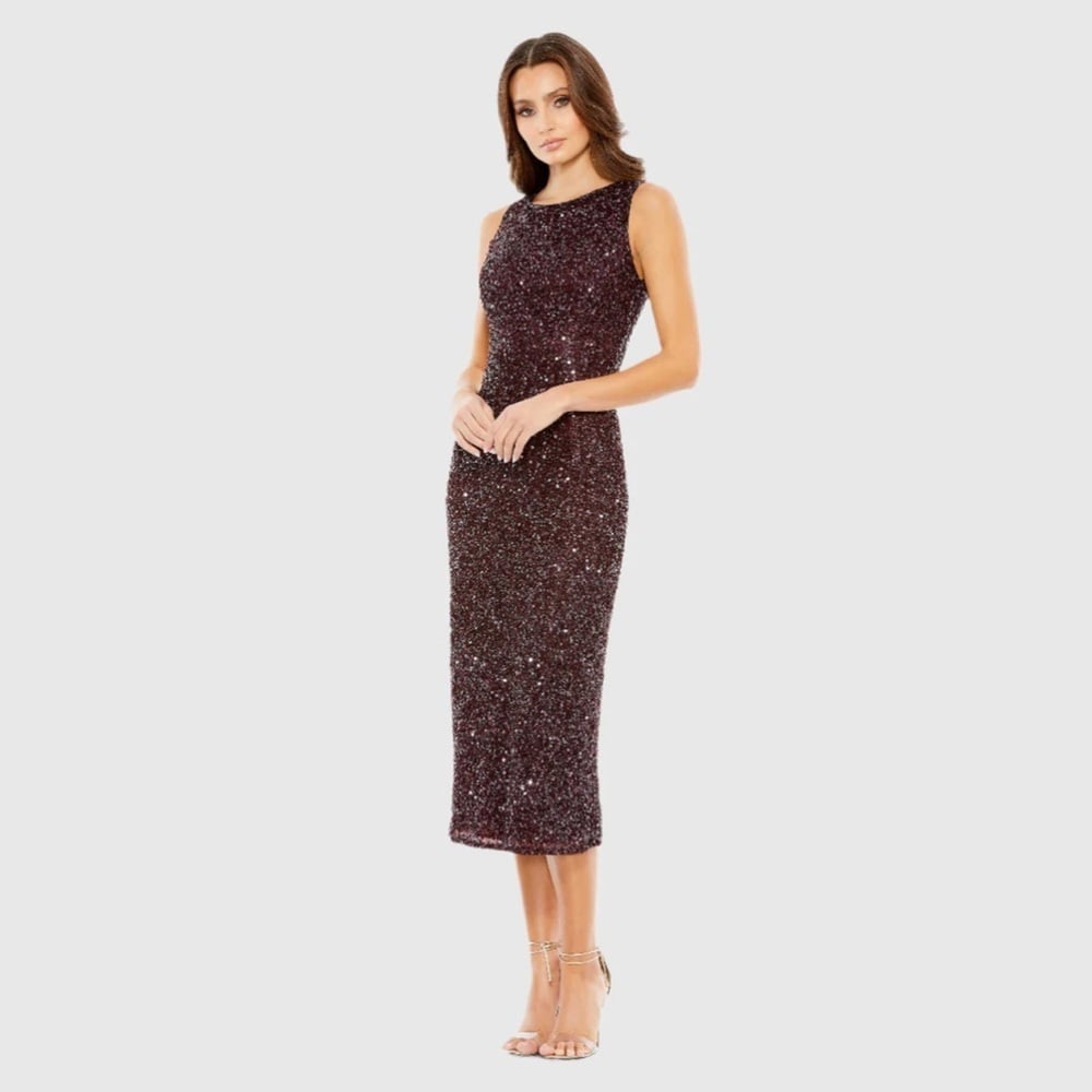 Size 10 Mac Duggal 5526 NWOT SLEEVELESS SEQUINED MIDI SHEATH DRESS