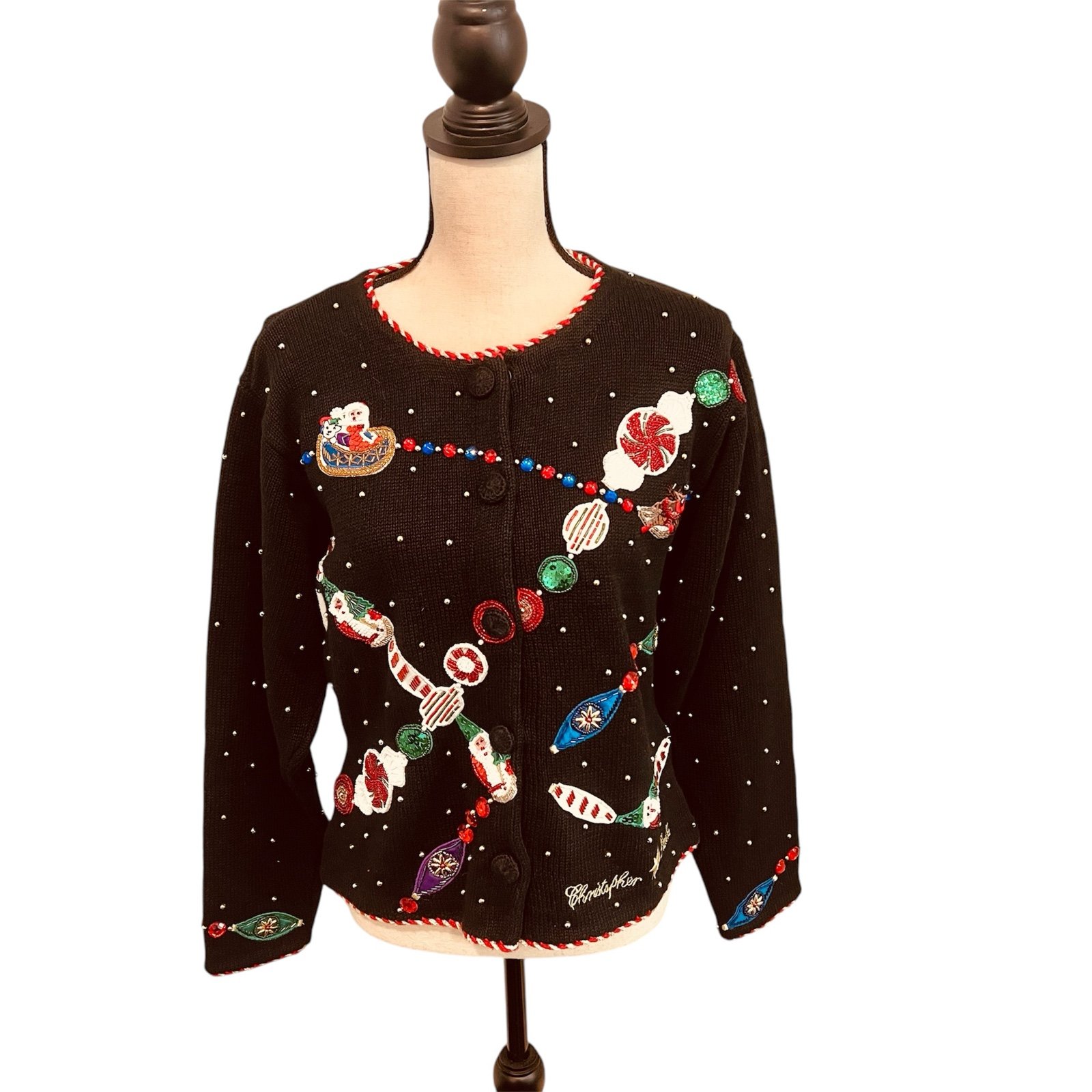 VTG Radko Bellpointe Christmas Garland Embellished Cardigan Sz M