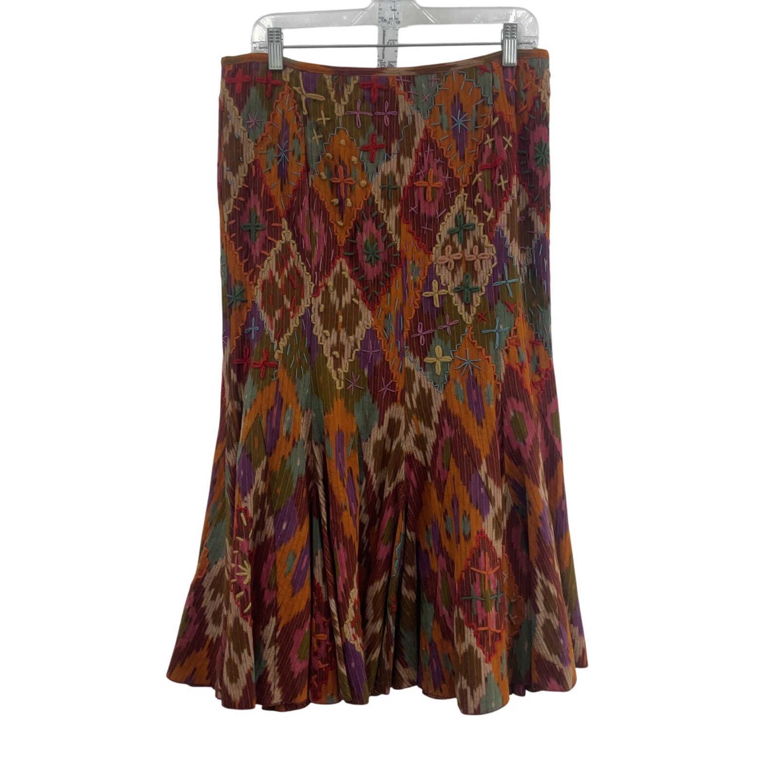 New Luisa Spagnoli Cotton Textile Stitched Women Peasant Skirt Brown/Red Size 44