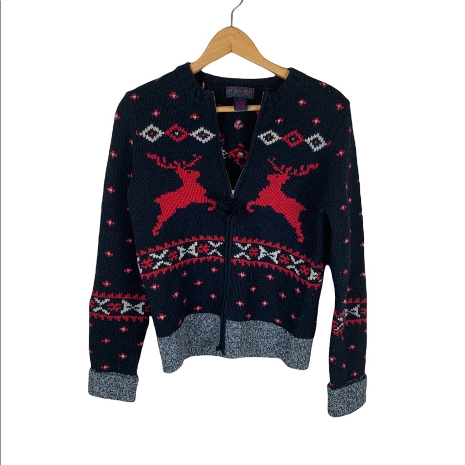 Ralph Ralph Lauren Black Red 100% Lambswool Full Zip Christmas Sweater M