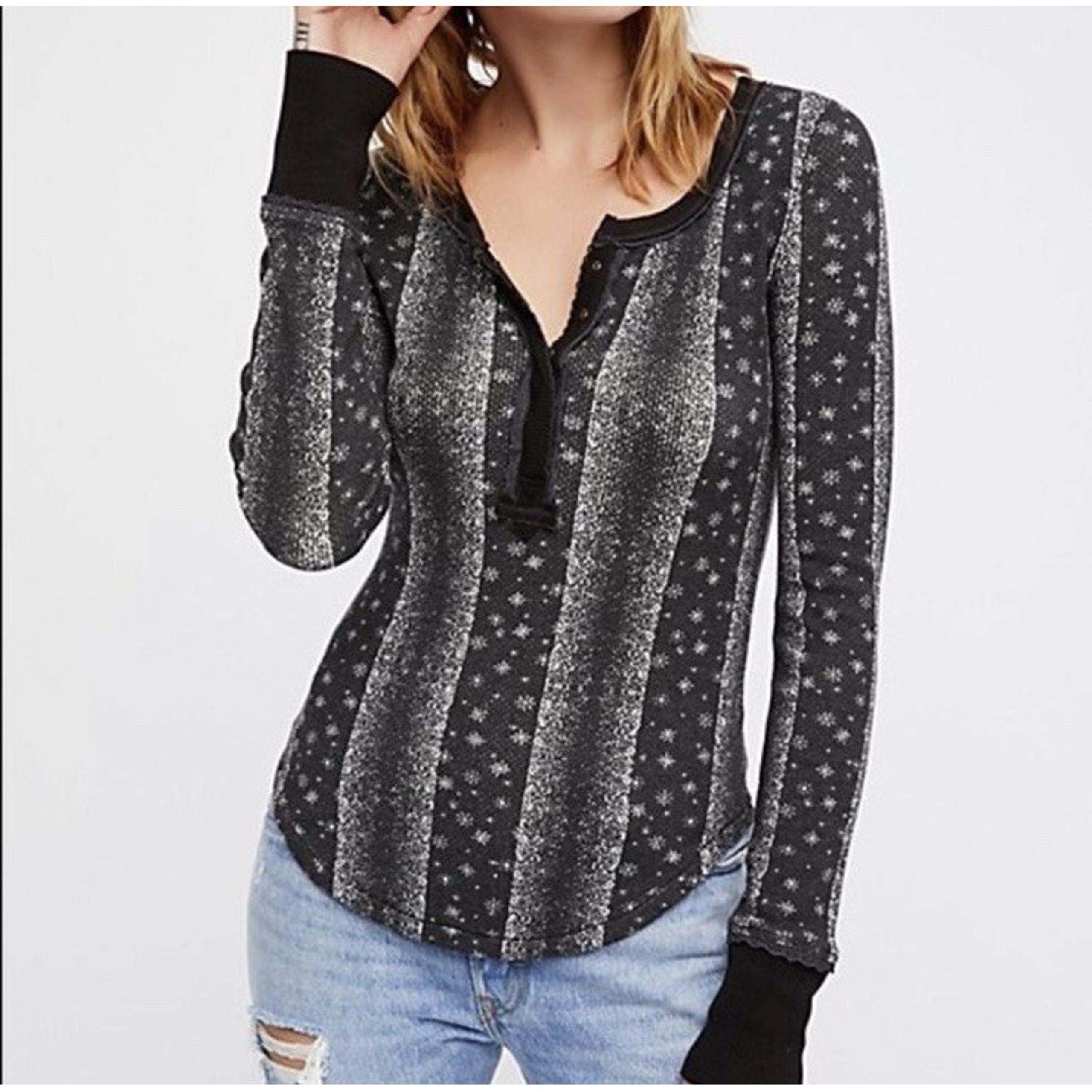 Free People Thermal Henley L/S Top Small Brown Floral Lace Detail