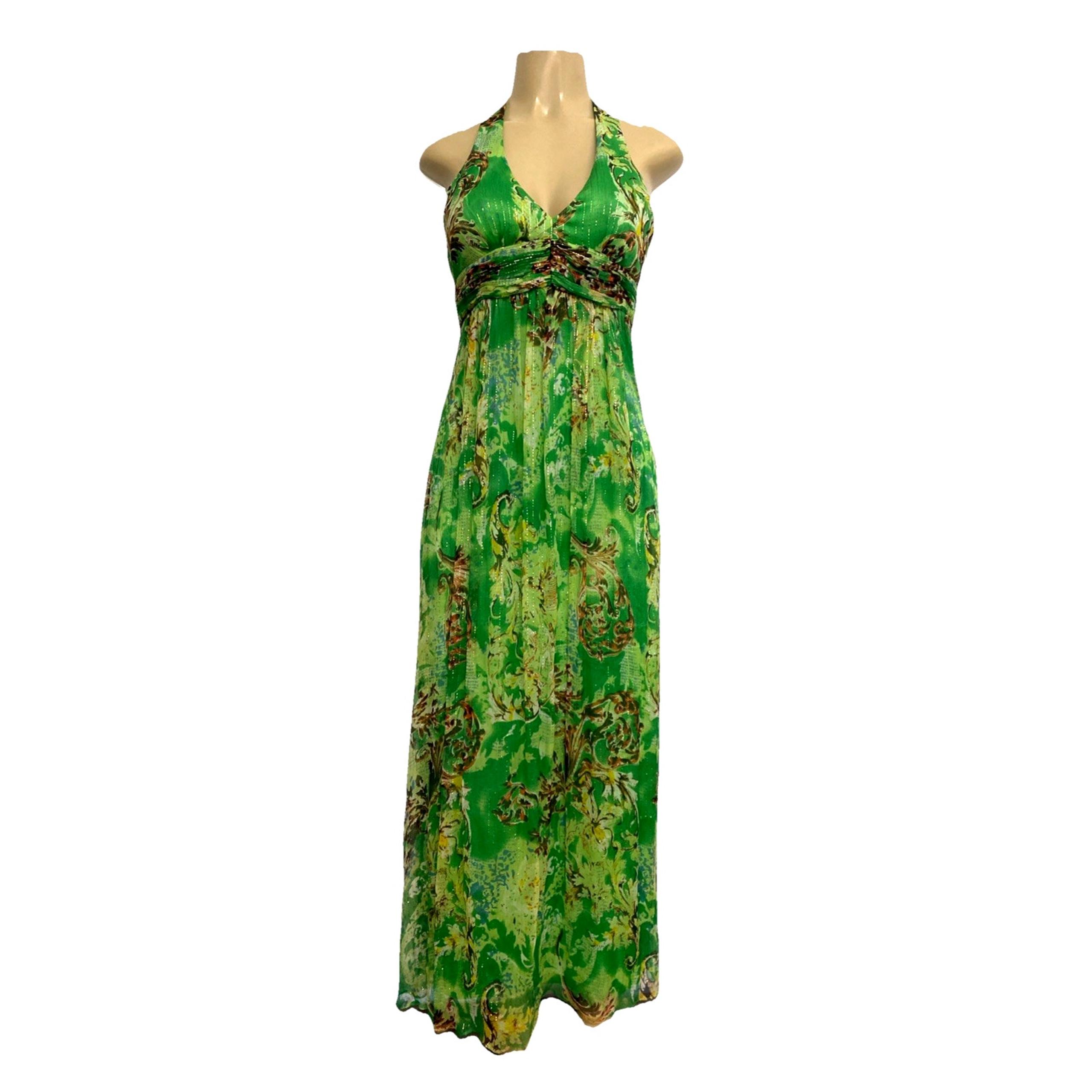 Sue Wong Dress Maxi A Line Halter V Neck Green Gold Floral Lined Chiffon 4 S
