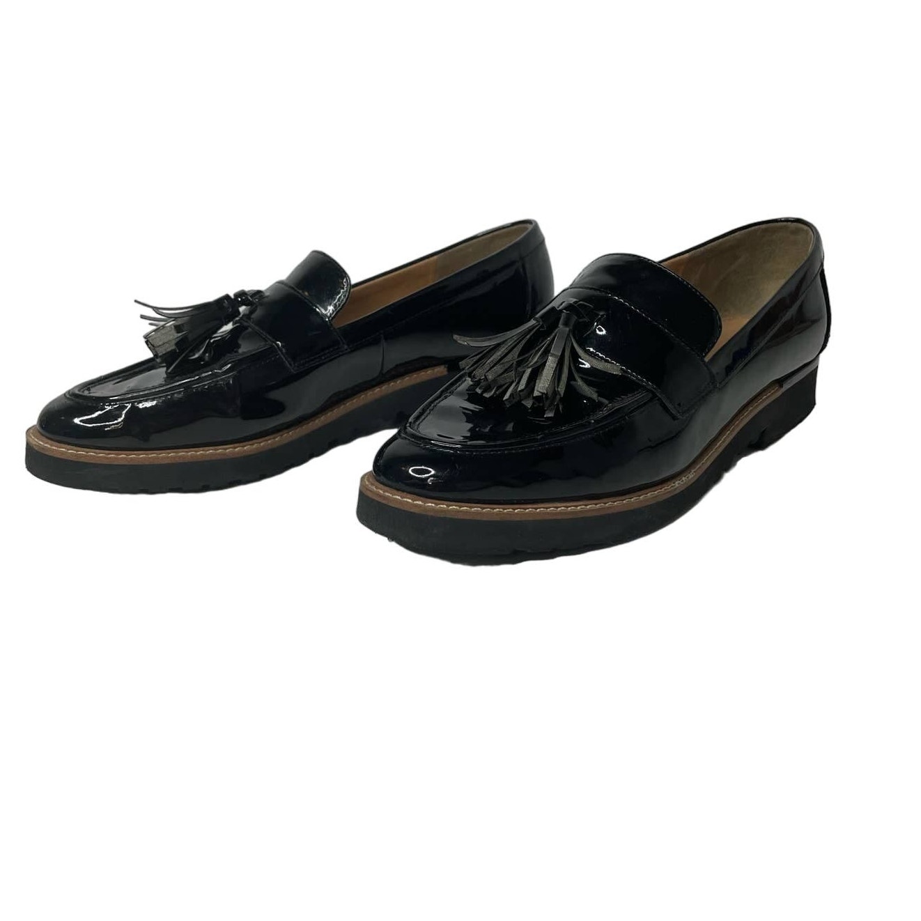 Franco Sarto Loafers Carolynn Lug Sole Tasseled Slip On Shiny Black 10M Office
