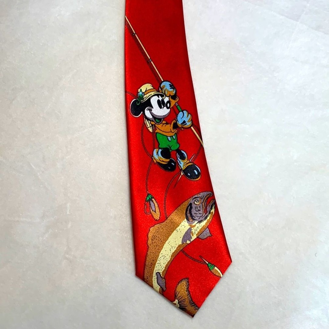Mickey Mouse Fishing Red Silk Tie for Adults
