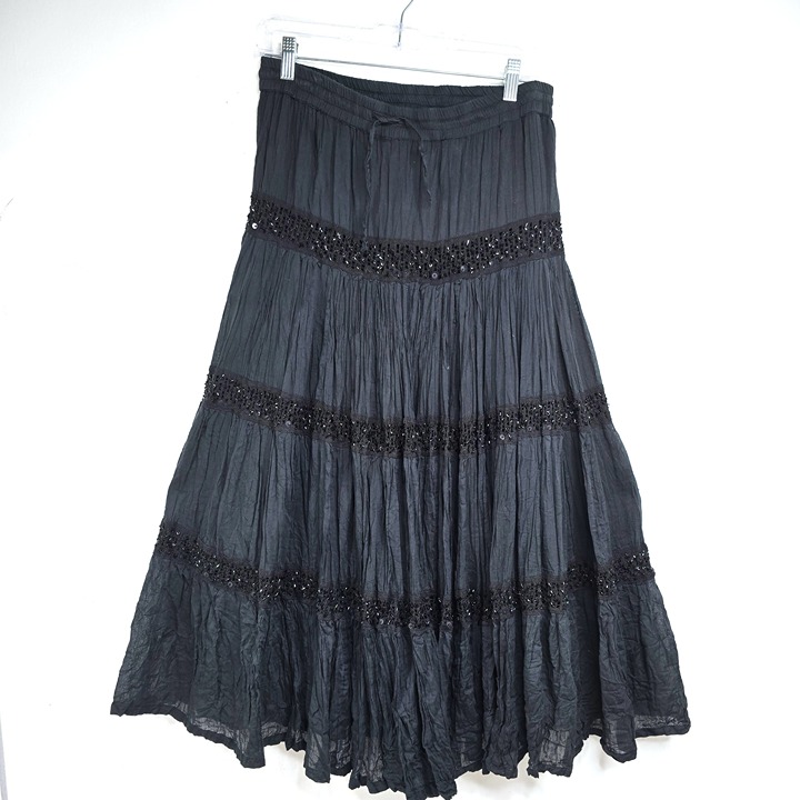 ISHYU Black Beaded Crochet Tiered Boho Gypsy Maxi Skirt