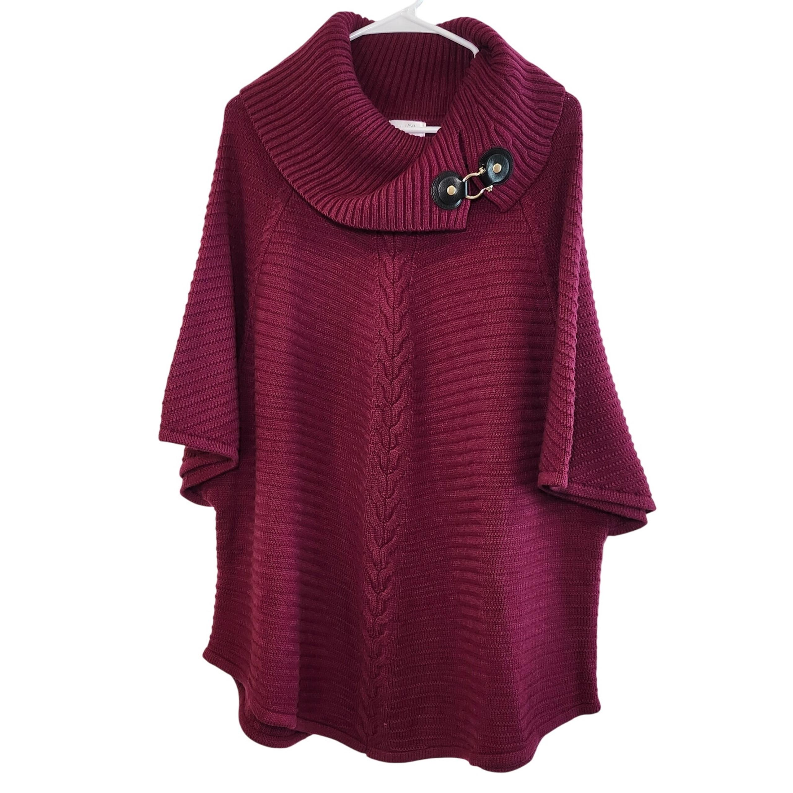 East 5th Women's Red Knit Sweater Cowl Neck 3/4 Sleeve Poncho, Size XXL (2XL)
