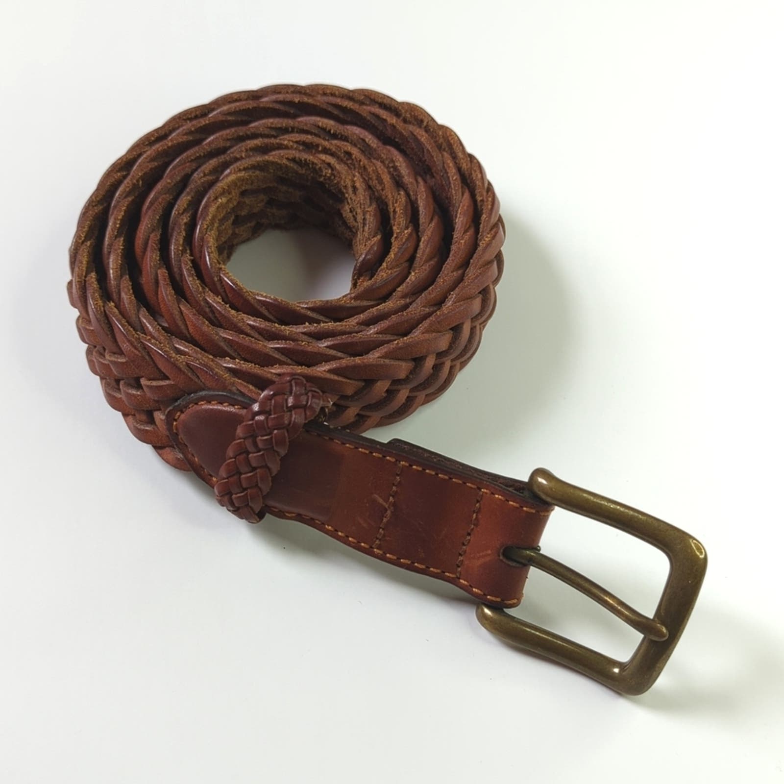 Lands' End 90's Vintage Classic Braided Leather & Solid Brass Belt Brown 42