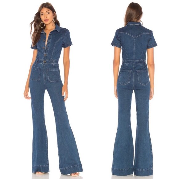 Show Me Your Mumu Blue Denim Everhart Jumpsuit Flare Leg Size XS
