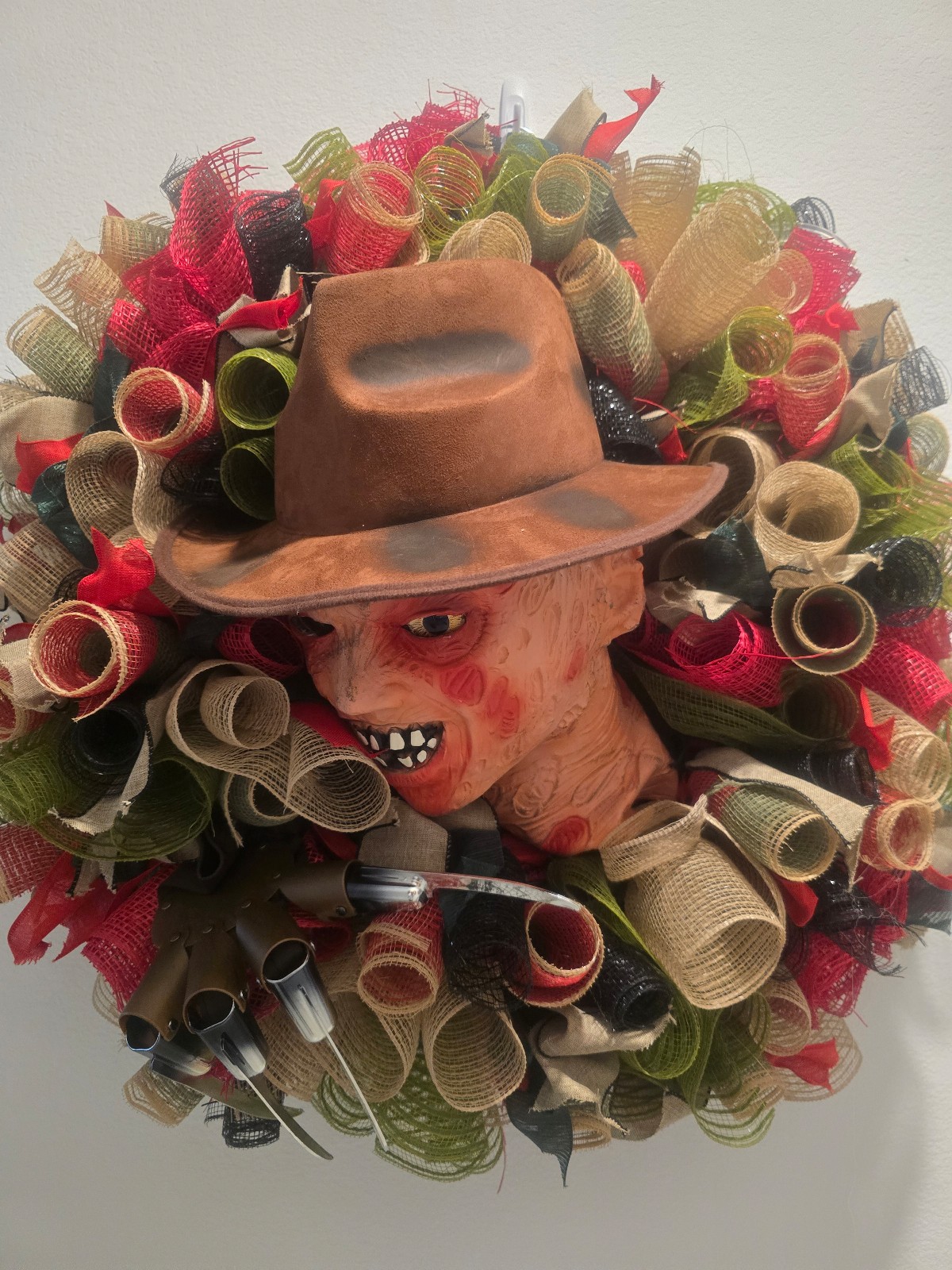 Wreath Horror Themed Wreath Freddie KRUGAR with Hat and Face. Halloween Uniqu