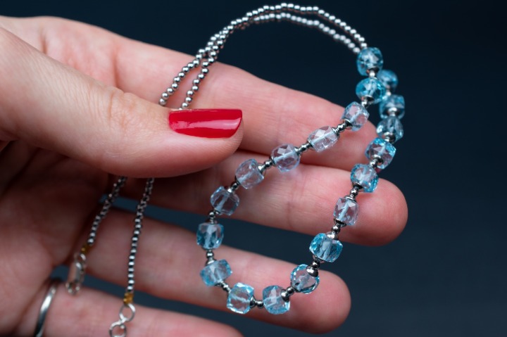 Blue topaz necklace, faceted gemstone crystal choker OOAK, stone bead jewelry