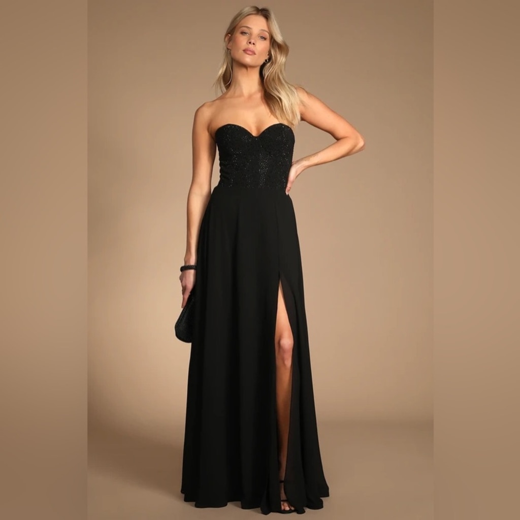 Lulus Remember This Moment Black Rhinestone Strapless Maxi Dress Women’s Small