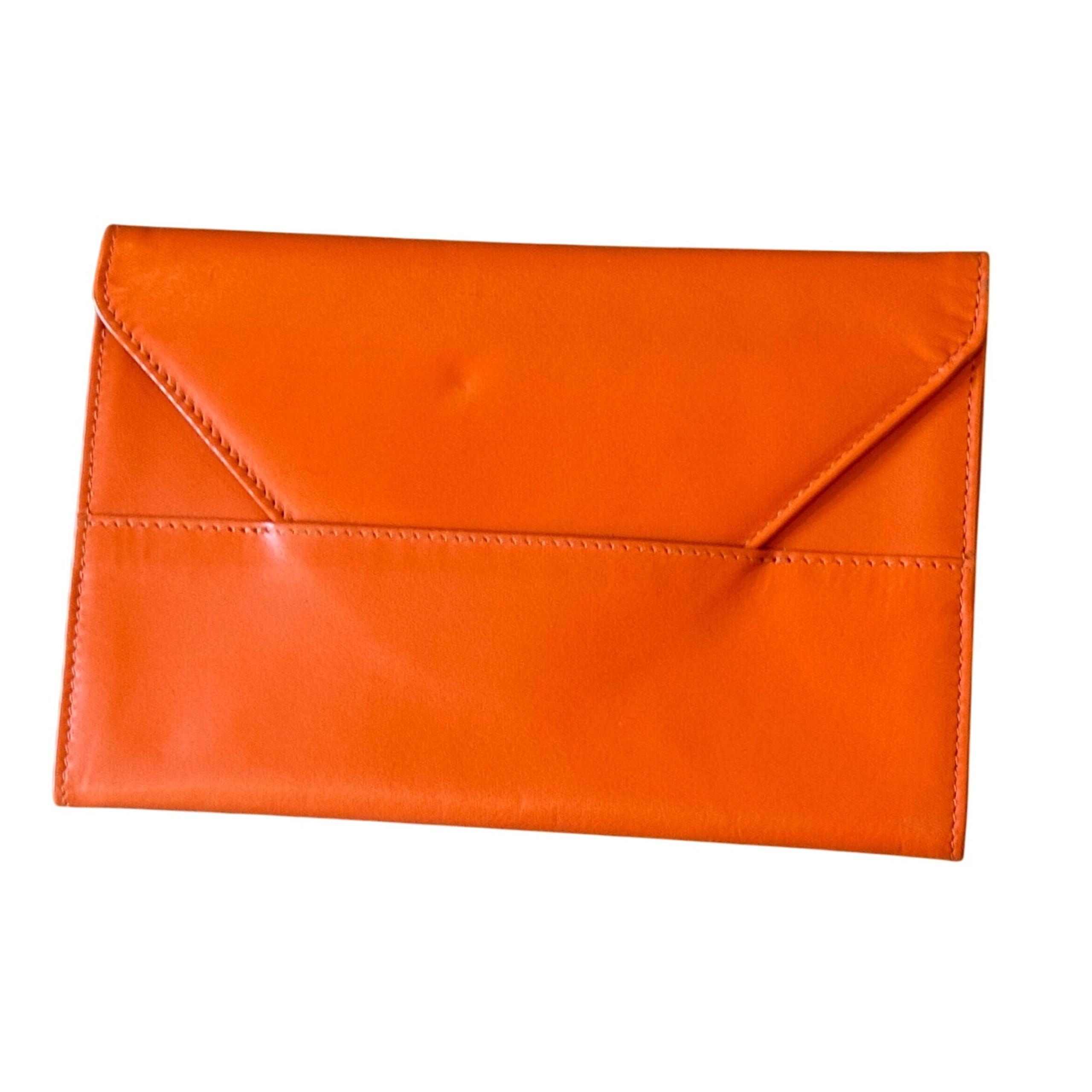 BARNEYS NEW YORK Orange Envelope Leather Fold Over Wallet Clutch Purse