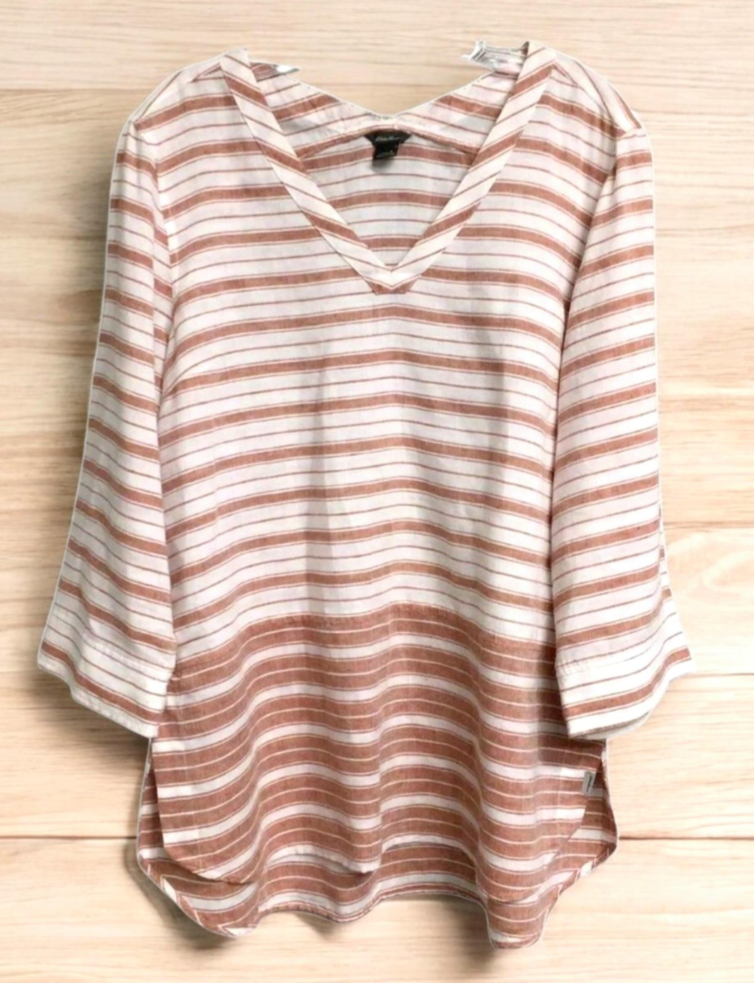 Eddie Bauer Linen Cotton Stripe Tunic Womens M White Red 3/4 Sleeve V Neck Top