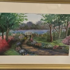 Original Watercolor Painting Size Medium 30” X 22” Garden On The Lake.