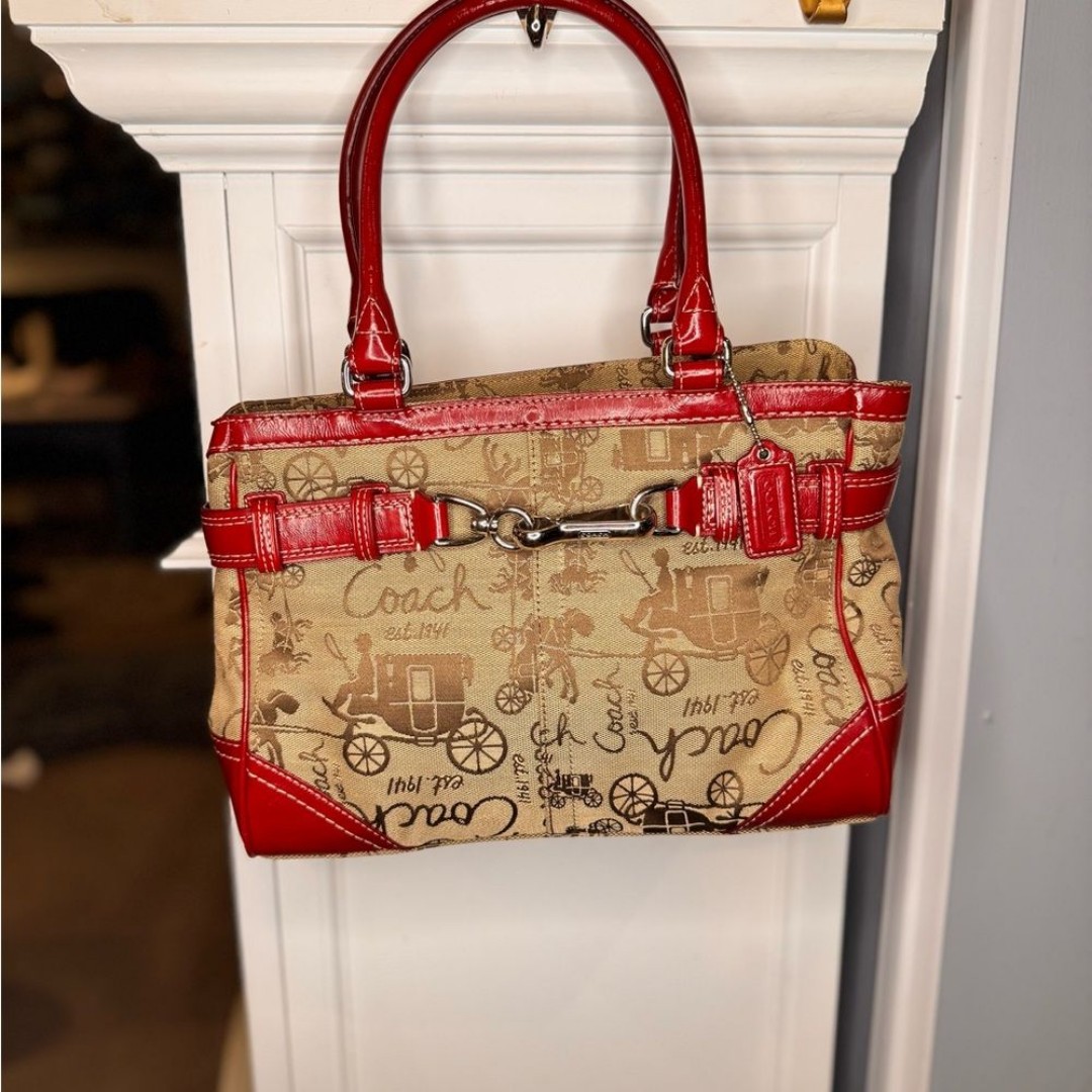Coach Tote Bag, Carriage Pattern, Canvas, All-over Pattern, Leather, beautiful