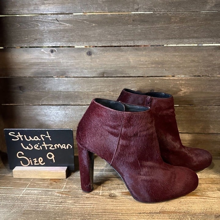 Womens Stuart Weitzman Burgundy Calf Hair Heeled Ankle Boots Booties Size 9 M