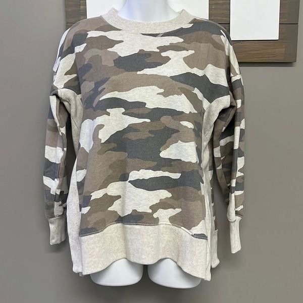 Aerie Tan Camo Crew Neck Mixed Textured Sweatshirt w/ Large Slide Slits- XS