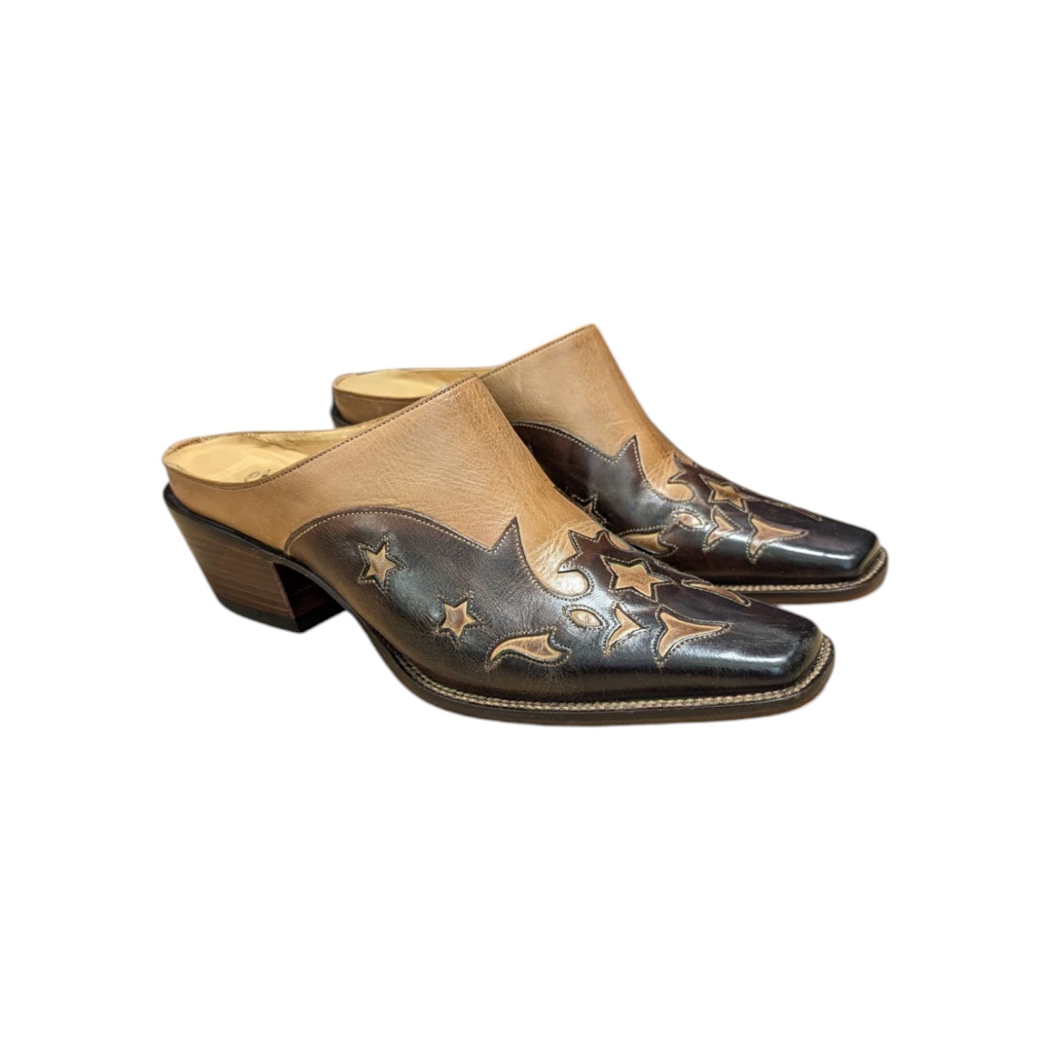 Lucchese Charlie 1 Horse Leather Western Mules Brown Star Tan Womens 6.5 Cowgirl