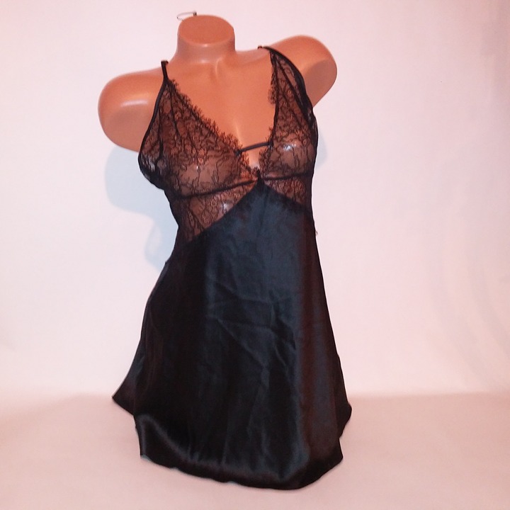 Victoria Secret Lingerie XL Chemise Slip Black Solid Lace Trim Luxe Collection A