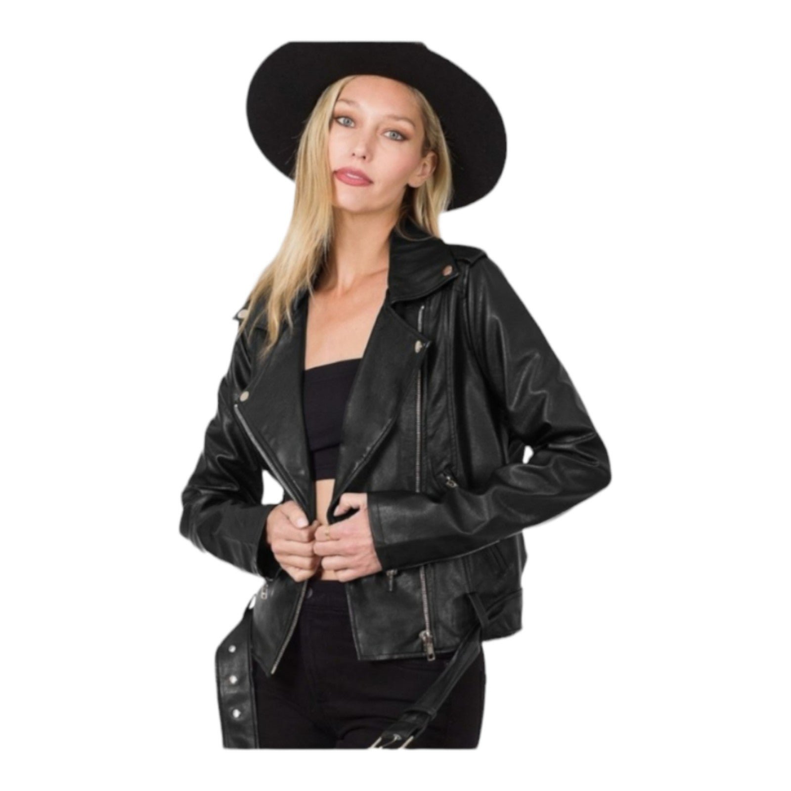 New Zenana Vegan Leather Black Belted Moto Jacket Large
