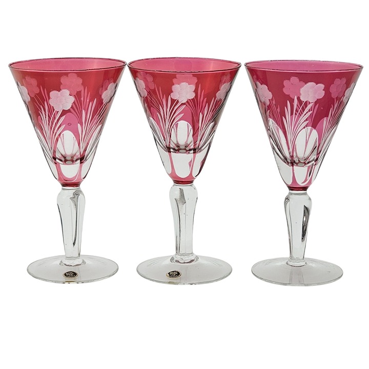 6 Italian Cranberry Glass Cut to Clear Cocktail Glasses 6 Italy floral cut glas