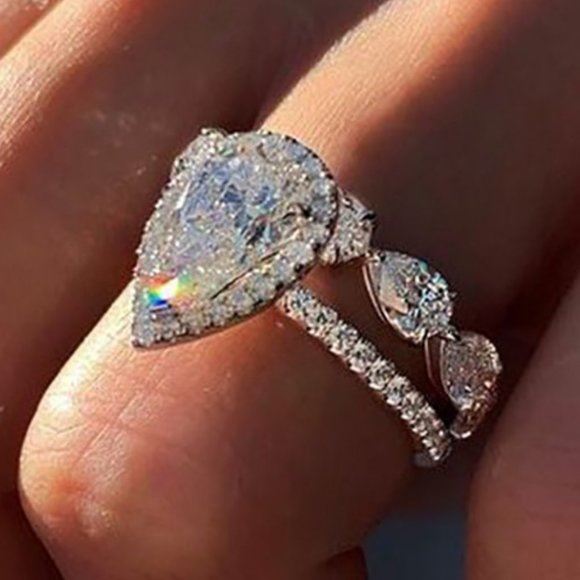 NEW 2PC 925 Silver Diamond Teardrop Ring