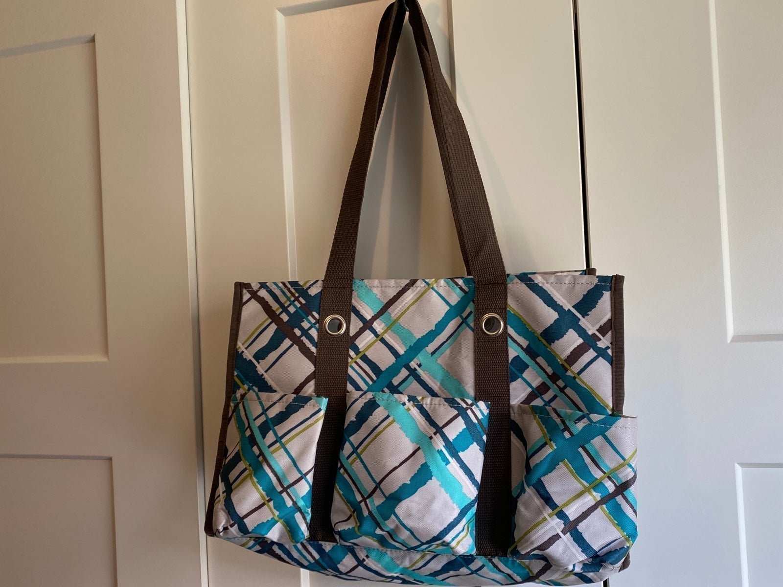 Thirty-One Bag SEA PLAID Green Teal Medium Open Organizing Utility Tote w  Straps