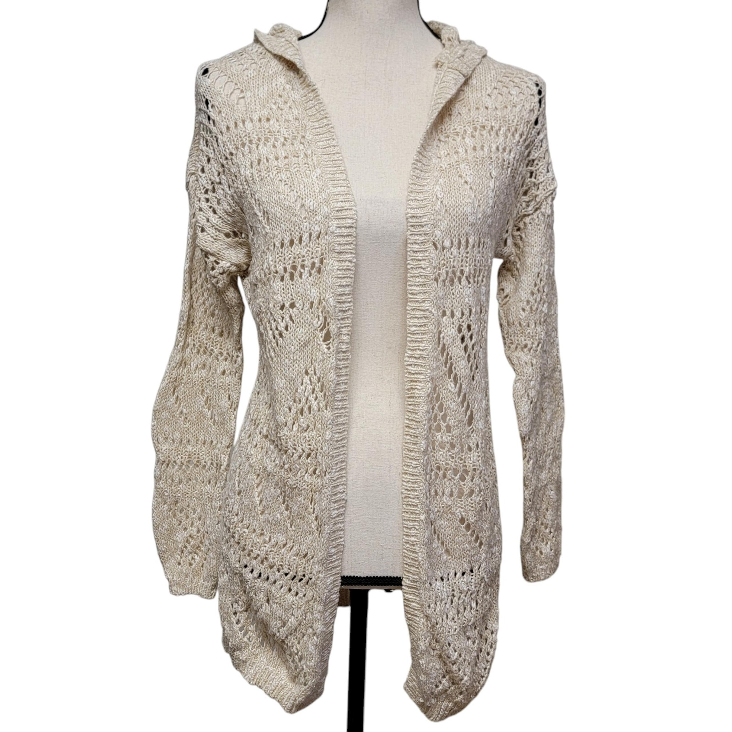 SO Beige Gold Cardigan Sweater Juniors Sz S Metallic Weave Hood Beachy Coastal