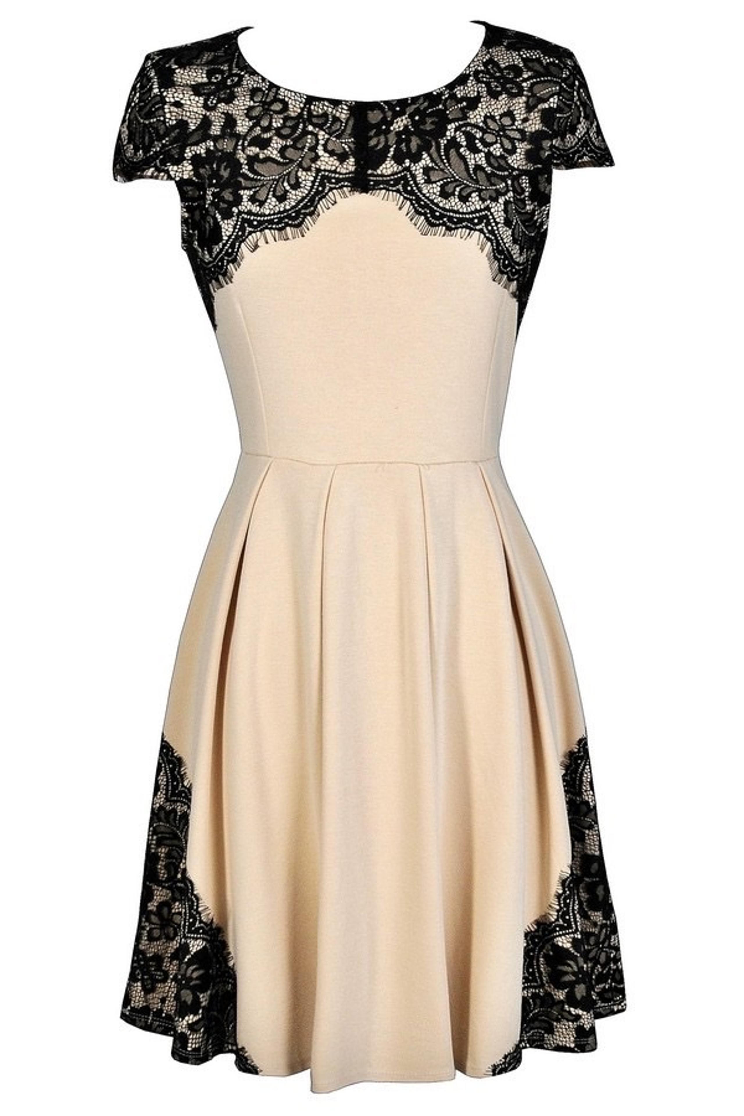Ya Los Angeles A-line Lace Trimmed Beige and Black Dress Size M