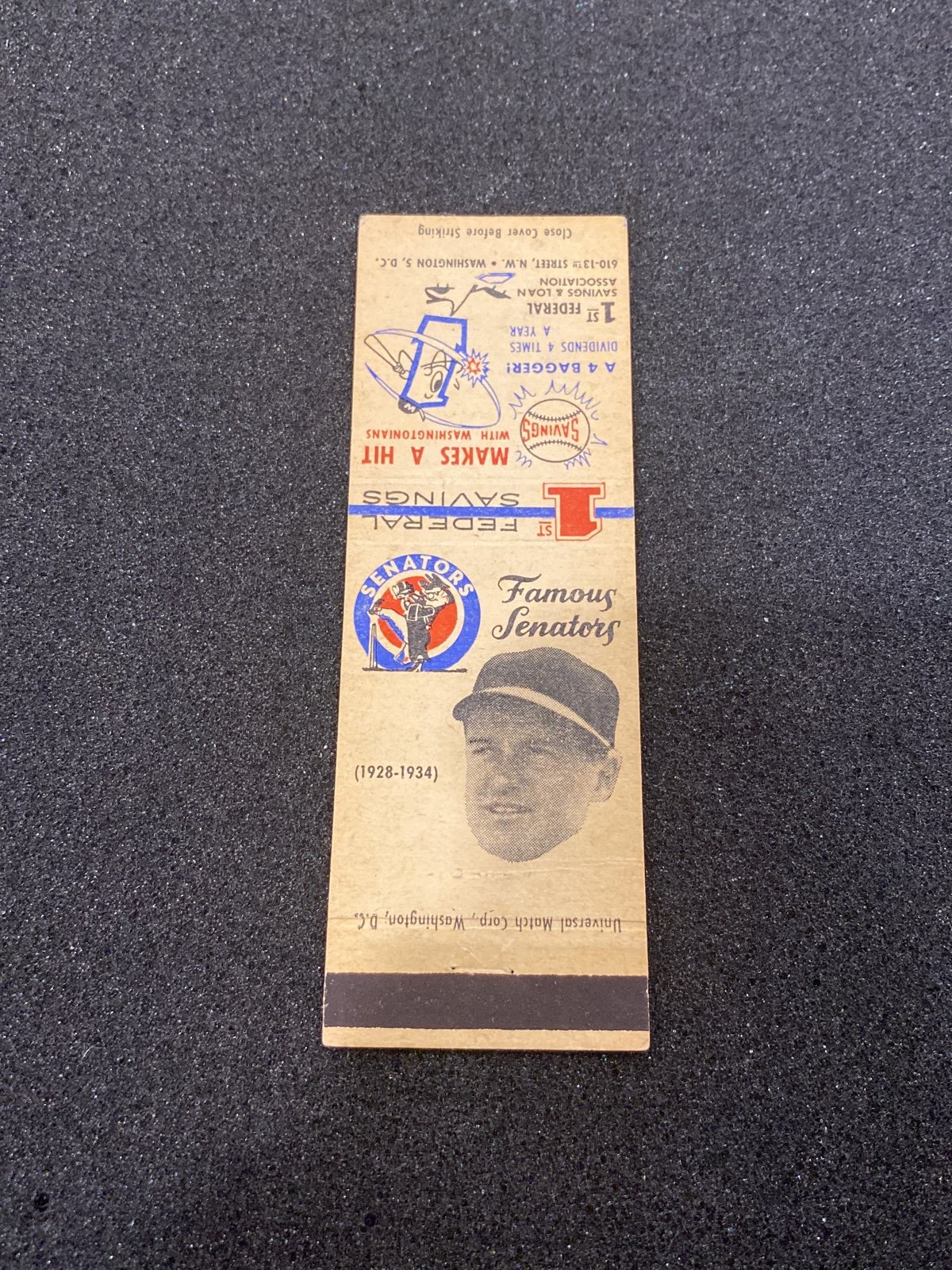 1959 Famous Senators 1st Federal Savings Joe Cronin Matchbook