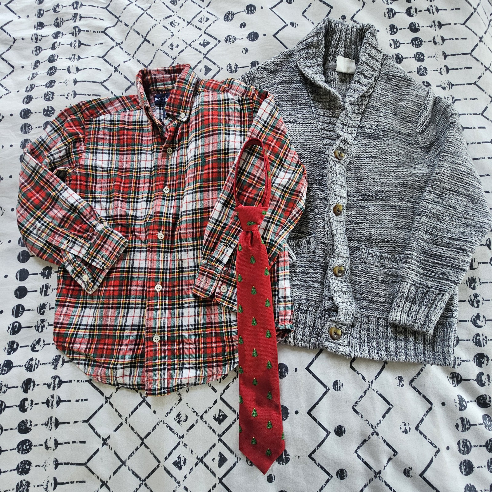 Ralph Lauren Plaid Shirt, Wool Blend Grandpa Cardigan & Christmas Tie Lot, 5