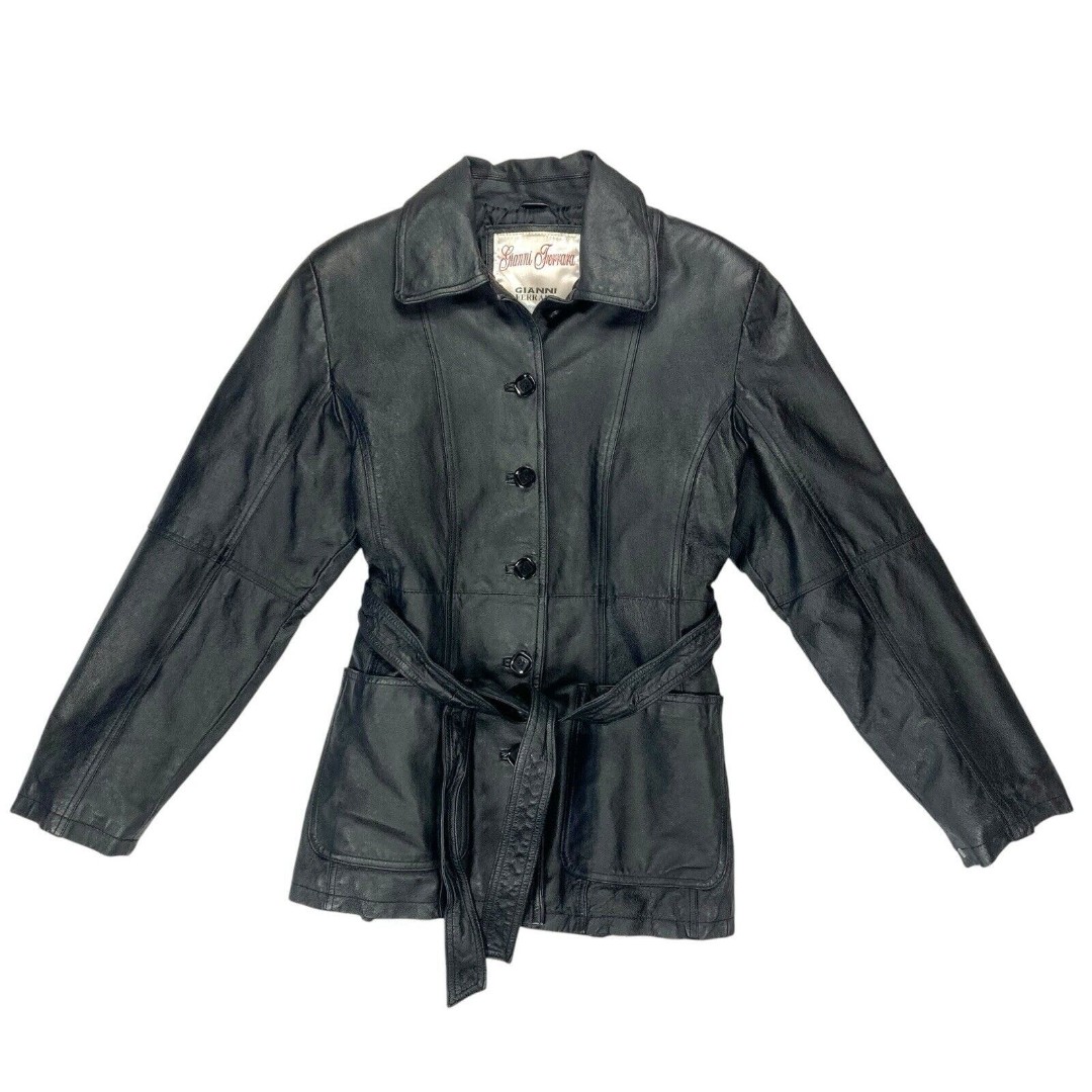 Gianni Ferrara Leather Jacket Black Belted Quilted Insulated Classic Grunge Coat
