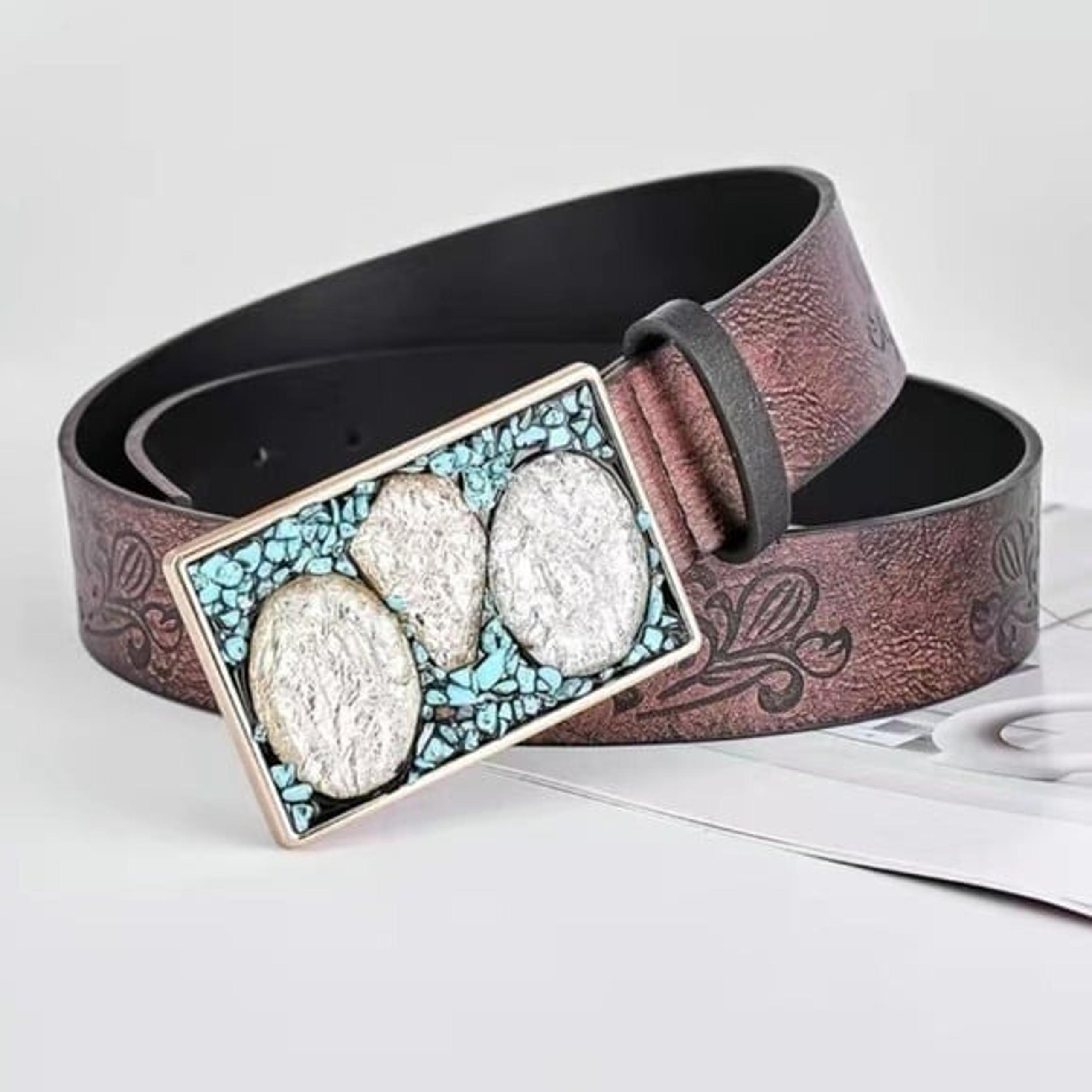 Pu Leather Boho Western Turquoise Gemstone Buckle Belt