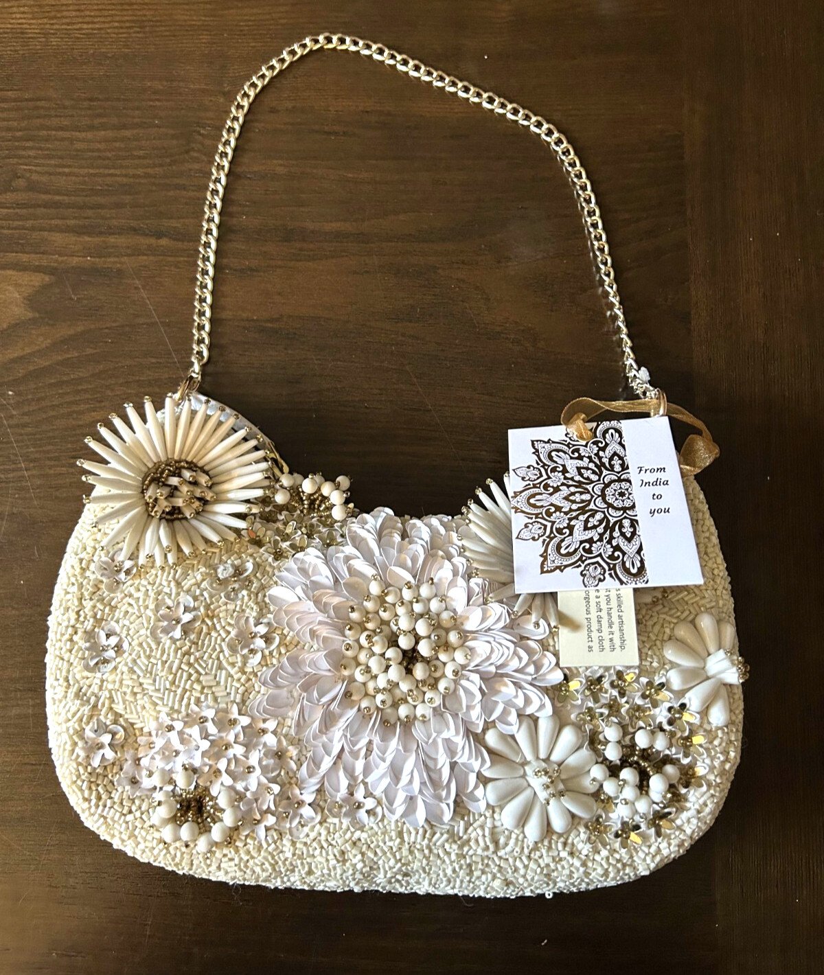 Handcrafted In India White Floral Beaded Bag Gold Chain Handle Viral TikTok New