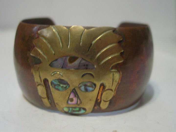 Vintage Copper ,Brass and Abalone Aztec Cuff Bracelet