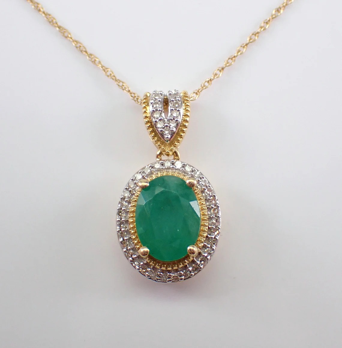 Emerald and Diamond Halo Necklace - Yellow Gold Gemstone Pendant and Chain